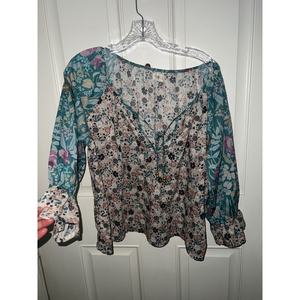 Natural Life Mixed Floral Patchwork Boho Peasant Blouse Teal Cream Large